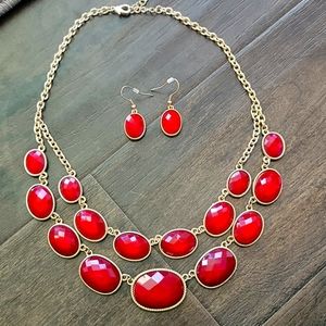 Gold Toned and Red Statement Necklace set